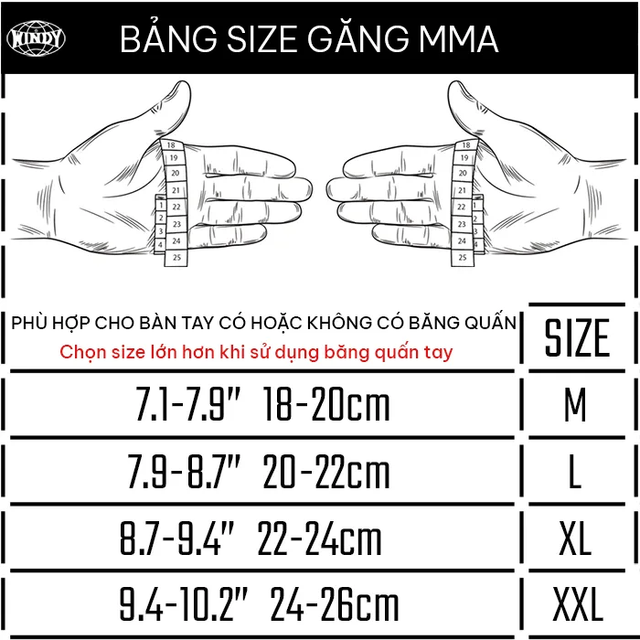 Bảng size găng MMA