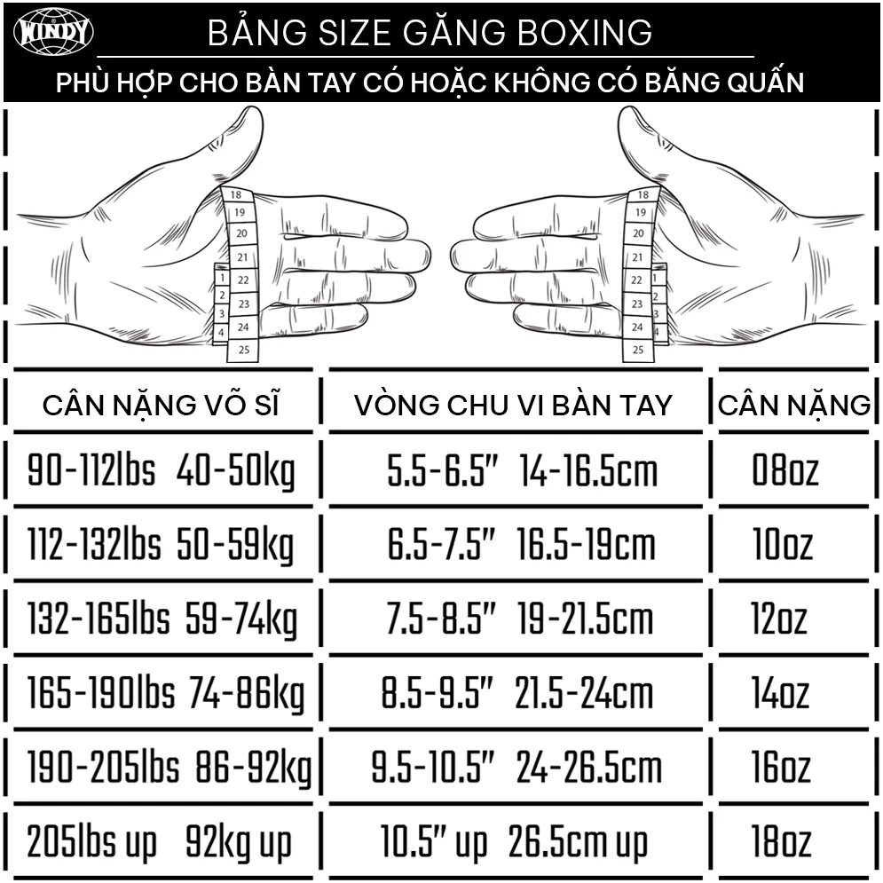 Bảng size găng boxing Windy