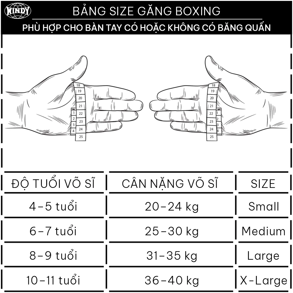 Bảng size găng boxing trẻ em